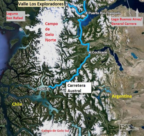 Nosso caminho contornando o Campo de Gelo Norte, passando por Tortel, Cochrane e saindo da Carretera Austral em P. Rio Tranquilo para entrar no Valle Los Exploradores. Esse vale, junto com o lago B. Aires, liga a Argentina ao Pacífico sem ter de cruzar as